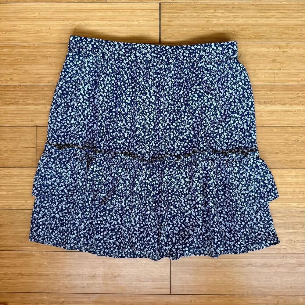 J.Crew Navy Blue Floral Knee Length Skirt S Elastic Waist Tiered A-Line